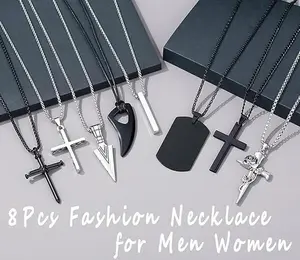 8 pack Men Cross Pendant Necklace Stainless Steel Necklace Black and Silver Cross Pendant Goth Necklace Jewelry Accessory Fashion Accessories