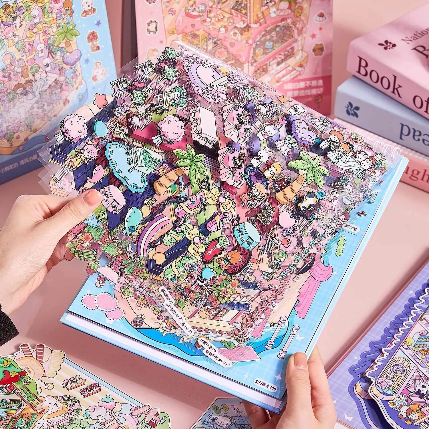 20 pcs Cute Cartoon Miniature Landscape Stickers Album, Large Size 3D Stackable House Diary Stickers, 20 Sheets Decorative Scrapbooking Supplies, Creative Craft Kit, Decoration Sticker, Scenes Stickers