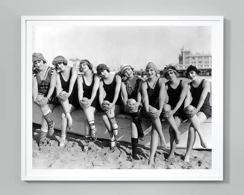 Vintage Swimsuit Girls Print, Flapper Girls, Vintage Beach Fashion, Ziegfeld Follies, 1920s, Wall Art, Black and White Photo Poster