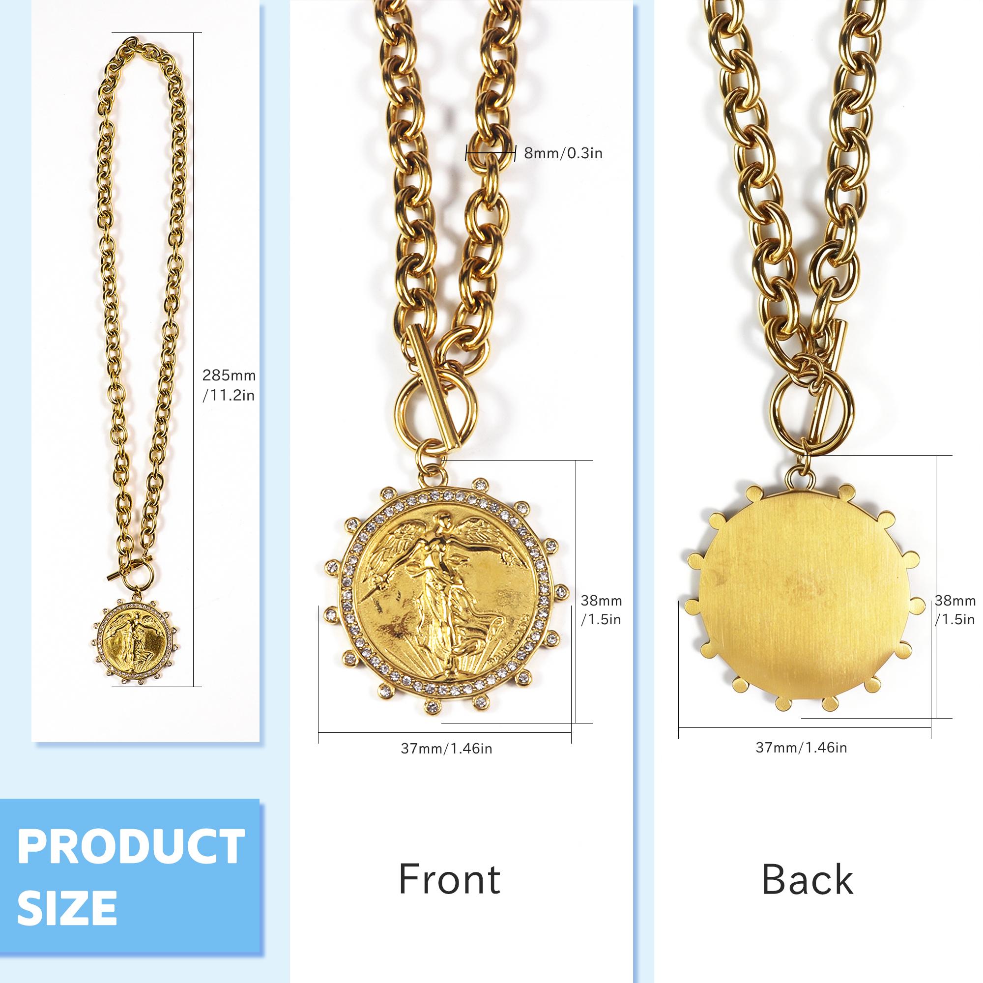 Women's Chunky Gold-Colored Chain-Link Necklace with Vintage Angel Coin Pendant - Tarnish-Proof Bold Statement Jewelry, Gold Aesthetic, Layered Chain Style, Angel Shaped Design, Chunky Necklace Type, Chunky Necklaces