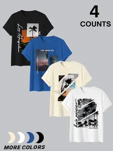 Men's 4-Pack Loose Summer Round-Neck T-Shirts with Palm Tree and Los Angeles Screen-Printed Designs, Relaxed Fit for All-Day Comfort, Ideal for Summer Vacations, Beach Trips, and Casual Wear, Durable Retro Print for Summer and Travel Enthusiasts
