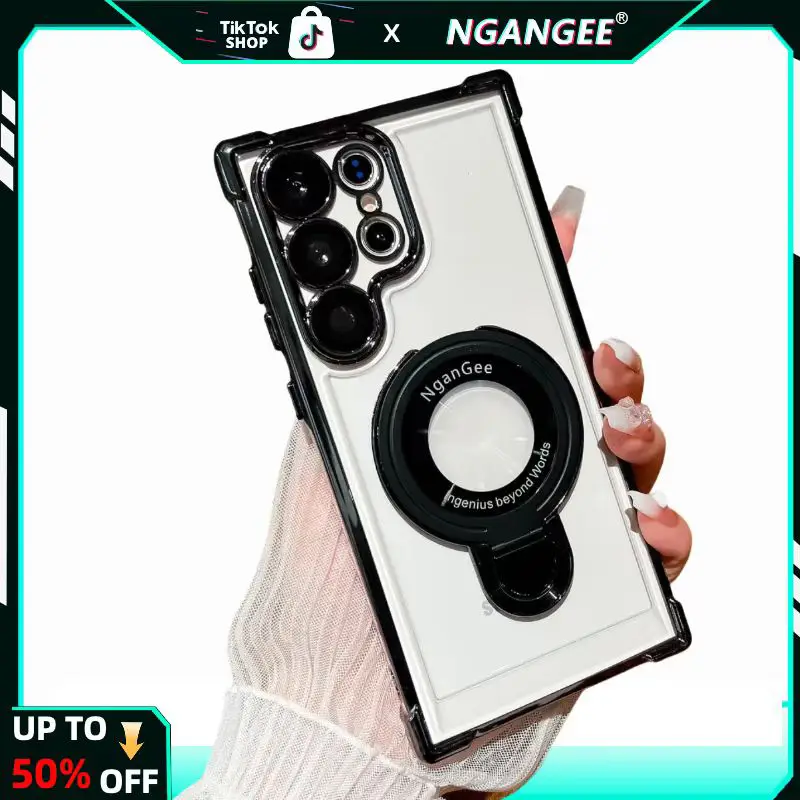 NganGee Protective Four Comers Air Cushion Anti-drop Phone Case for Samsung S25 Ultra, S24 Ultra, S23 Ultra with Sticky Stand and Olated Clear Bracket