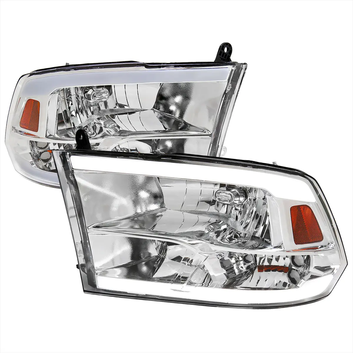 2009-2019 Ram 1500 2500 3500 Quad Style Headlights with LED Tube (Chrome Housing/Clear Lens) 2009-2019 Ram 1500 2500 3500 Quad Style Headlights with LED Tube (Chrome Housing/Clear Lens)