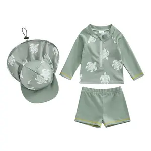 Baby Toddler Boys Swimsuit 0-24M 2T 3T 4T 5T Bathing Suit Swimwear 3Pcs Set Rash Guard Hat Short Sleeve Shark Dolphin