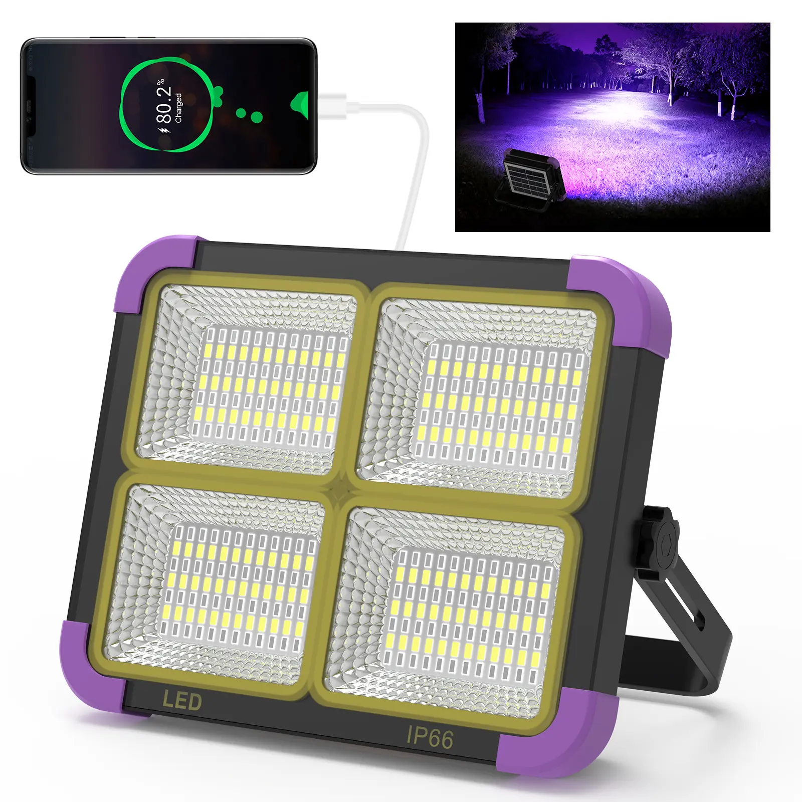 iodoo Rechargeable Solar Work Light 10000mAh Black Light, 10000LM Cordless Magnetic Portable LED Work Light UV Blacklight, 395nm Ultraviolet Flood Light for Glow, Dark Party, Catfishing,Halloween