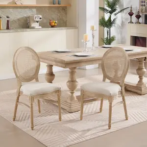 French Country Dining Chairs Set of 2 Upholstered with Natural Rattan Round Back Elegant Carving Techniques Disassemblable Stackable for Living Room Kitchen Restaurant Use