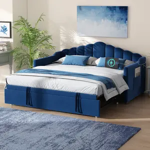 Twin Size Upholstered Daybed with Adjustable Height Pop Up Trundle Twin Bed and USB & Type-C Charging Port, Day Bed Wood Frame with 2 Side Pockets, No Box-Spring Needed, Blue