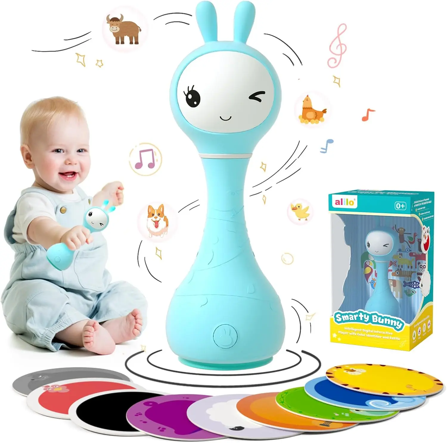 Alilo Smarty Bunny Cute Baby Rattle Musical Light-Up Toy for 0-24 Months, 5 Music Modes, Color Recognition, Safe Silicone - Best Infant Gift, Educational Musical Toy Newborn