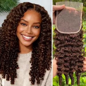 AUROO Color #4 Chocolate Brown Burmese Curly 4x4, 13X4 Closure Human Hair, 100% Virgin Hair Medium Brown 15A Transparent Lace Closure Free Part Melt 3c4a Water Wave with Spiral Curly End 180% Density
