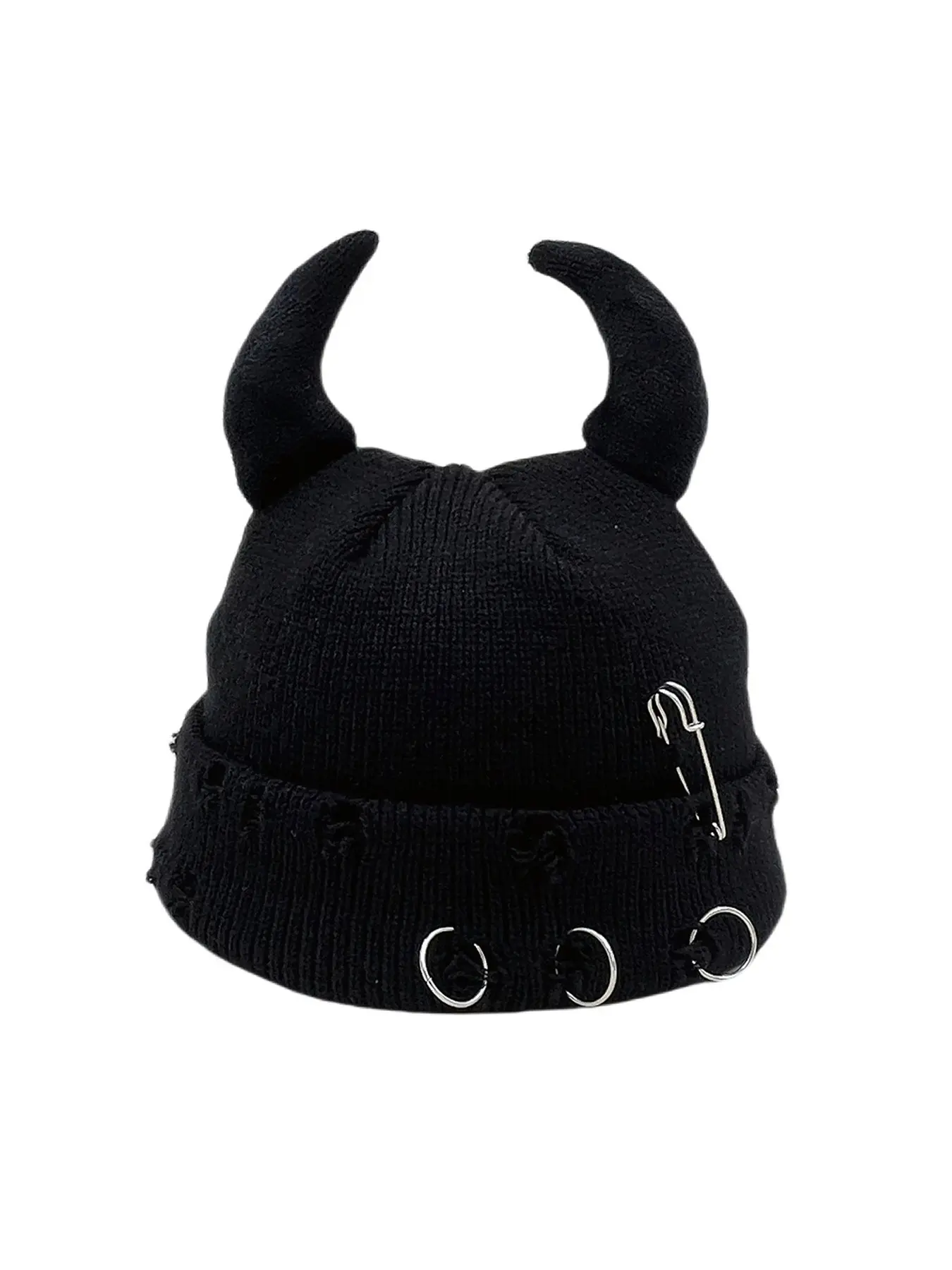Demon Horn Knit Beanie, Unisex Gothic Ripped Winter Hat, Safety Pin and Metal Ring Decor, Punk Halloween Skull Cap, Role Play Party