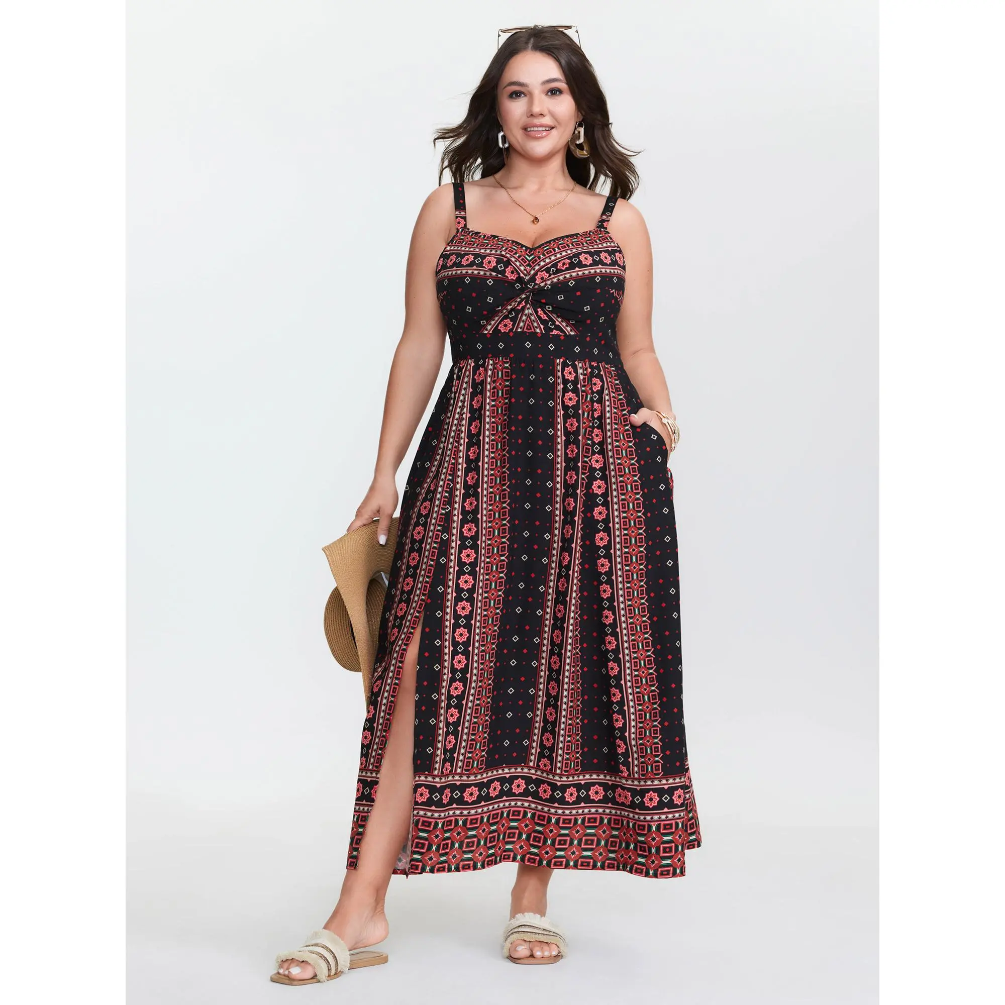 BloomChic Women's Plus Size Boho Rayon Maxi Dress - Sleeveless Cami with Color Contrast Print, Pockets, Flowy Fit, Curvy Clothing for Boho Earthy Girl Resort Summer Casual Wear, Bohemian