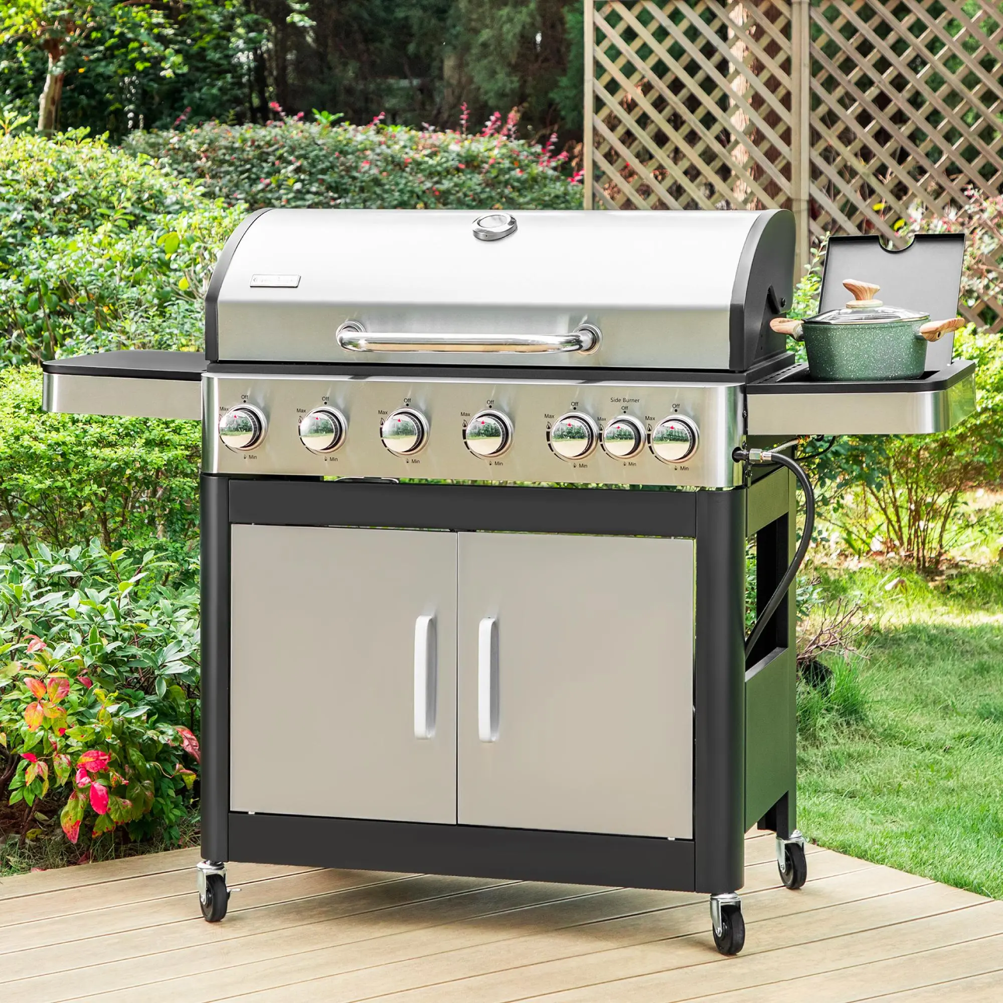 Captiva Designs 6-Burner Propane Gas BBQ Grill with Side Burner & Porcelain-Enameled Cast Iron Grate for Outdoor Kitchen Food Stainless Steel