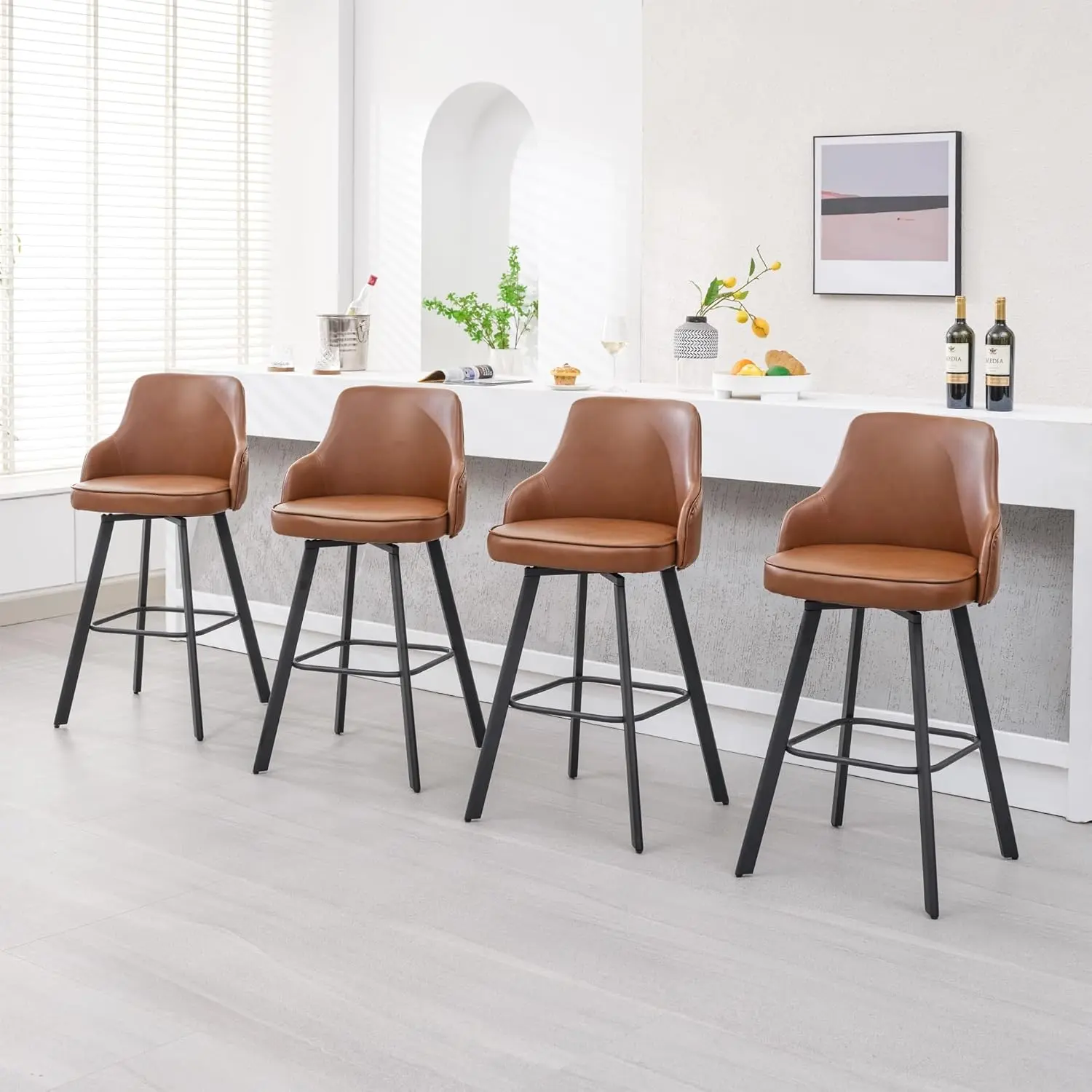 FIRAVOE Adjustable Swivel Bar Stools Set - 26-30" Tall PU Leather Armless High Back Indoor Kitchen Chairs with Footrest, Minimalist Ergonomic Mid Century Home Decor Furniture