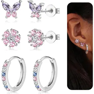 FIBO STEEL 3 Pairs Stainless Steel Stud Earrings Set for Women 14K Golden Plated Hoops Earrings Dainty Studs Huggies Earings Fashion Piercings Jewelry