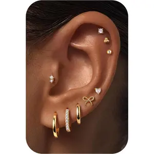 Hypoallergenic Flat Back Earring Stack for Women, 14K Gold Plated Surgical Steel Small Hoop Earrings Trendy Dainty Gold Cartilage Stud Earring Stacks Set Jewelry Gifts for Women
