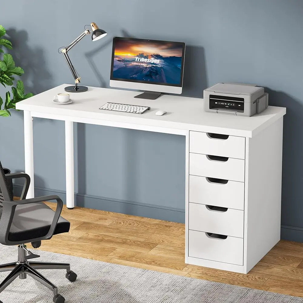 Tribesigns Rustic Modern Computer Desk - 47in Home Office Writing Table with 5 Drawers for Storage Space & Boosting Productivity (Rustic Brown, White)