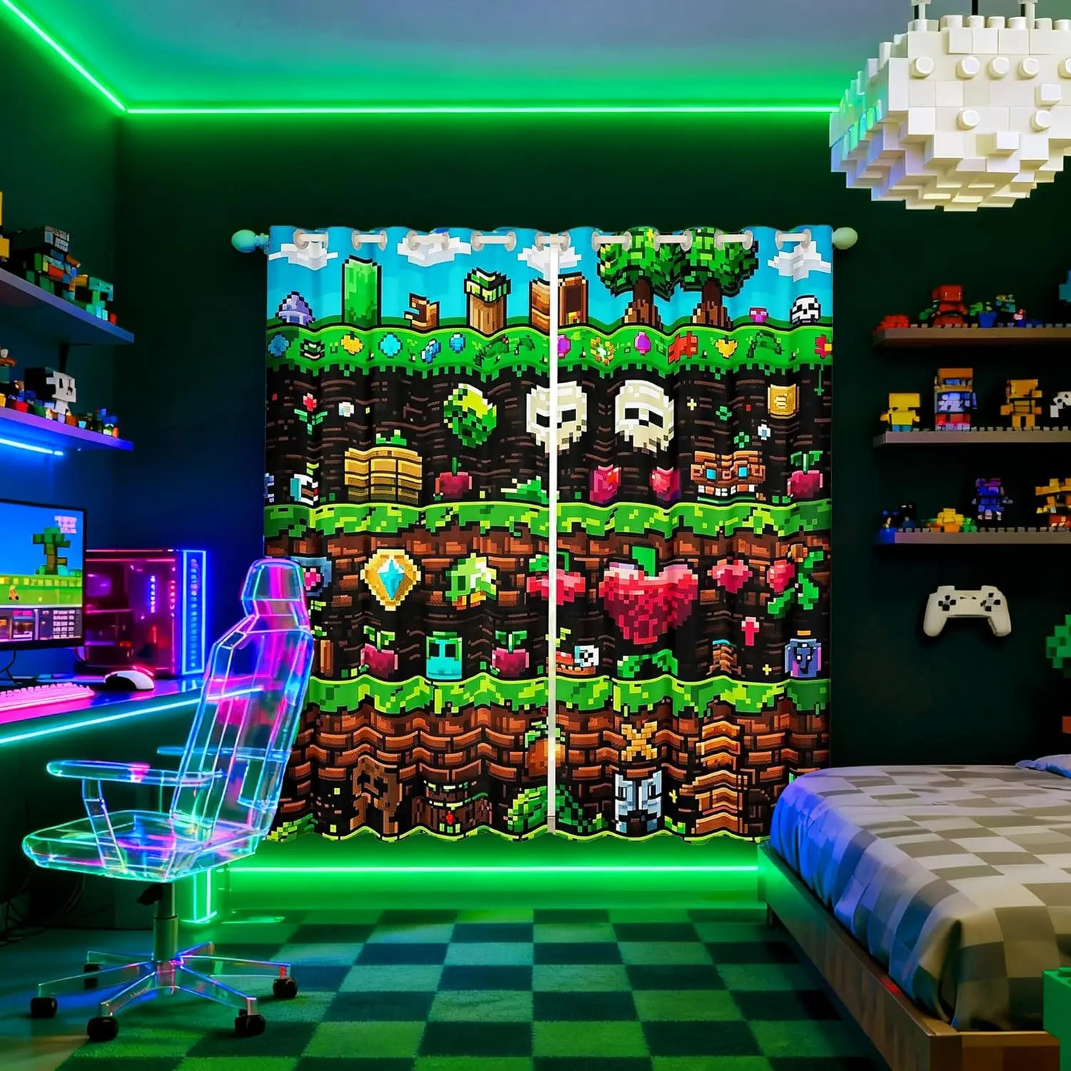 Video Games Window Curtain,Colorful ated Themed Bedroom Decor Curtains,Sandbox Block Window Treatment Funny Gamer Blackout Drapes Panels