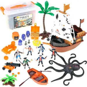 Pirate Action Figures with Pirates, Sea Monsters, Boats, Treasure Chests, Cannons and Figurines Playset for Kids