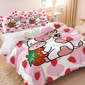 Cute Strawberry Cow Duvet Cover Set (1 Duvet Cover + 1/2 Pillowcases, No Core), Soft Breathable Pink Cartoon Animal Print Bedding, All Season Comforter Cover for Girls Room, Kids Room