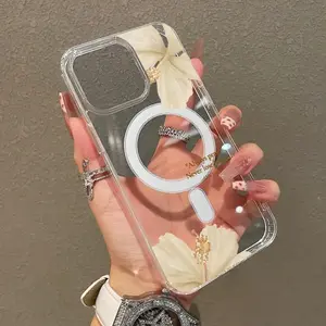 Cream Floral Magnetic Clear Phone Case For iPhone 12/13/14/15/16/17 Series Elegant Inspirational Quote Shockproof Protective Cover