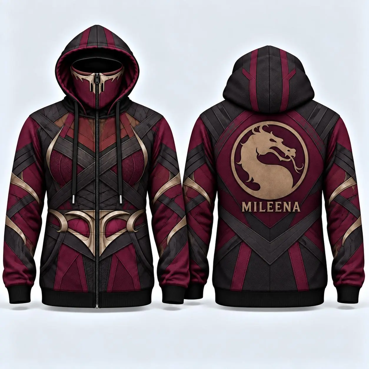 Mortal Kombat Mileena Mens Zip-Up Hoodie, Lethal Assassin Built-In Face Mask Jacket, Burgundy Gold Ninja Armor All-Over Print Hooded Sweatshirt, Cosplay Gamer Gift