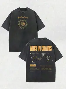 Retro Washed Black Oversized T-Shirt, Alice In Chains "Unplugged" Band Graphic Print, Casual Short Sleeve, Unisex Streetwear for Men & Women, Loose Fit for Outdoor & Daily Wear