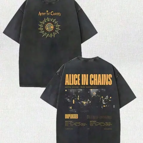 Retro Washed Black Oversized Round Neck Graphic T-Shirt - Alice In Chains "Unplugged" Band Print, Short Sleeve Menswear Casual Top, Unisex Loose Fit for Daily & Outdoor Wear