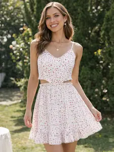 Lady's Women's Clothes Sleeveless Spaghetti Strap Ditsy Floral Cut-Out Picot Trim Cami Mini Dress with Zipper, Boho Outfits Casual Wear for Dating, Weddings,summervibes outdoorfun