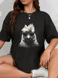 100% Cotton Unisex Cool Chicken With Sunglasses Sketch Punk Stencil Rooster Round Neck Short Sleeve T-Shirt Women's Men Graphic Tee