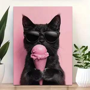 Cool sunglasses poster featuring a black cat eating pink ice cream on flat 2D canvas; minimalist wall decor and home room ornament wall art; lovely print gift for Christmas, birthdays, and multiple holidays; nursery interior wall decoration.