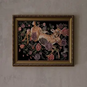 Fawn Deer with Birds and Flowers gothic botatnical art- witchy decor, halloween art, wiccan decor, goth art, gothic, dark academia, no frame