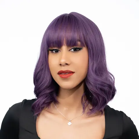 Lady Grayy Synthetic Wig for Women Royal Purple Wavy, 13-Inch Light Wave Heat Resistant Pre-Styled with Cap for Daily Wear, Special Occasions & Easy Restyling. Realistic Kanekalon Fiber.