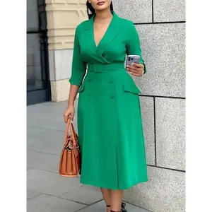 Women's Fashion Elegant Double-Breasted Suit Collar Solid Color Dress Mid-Length Dress Summer Casual Formal Green Chic Womenswear