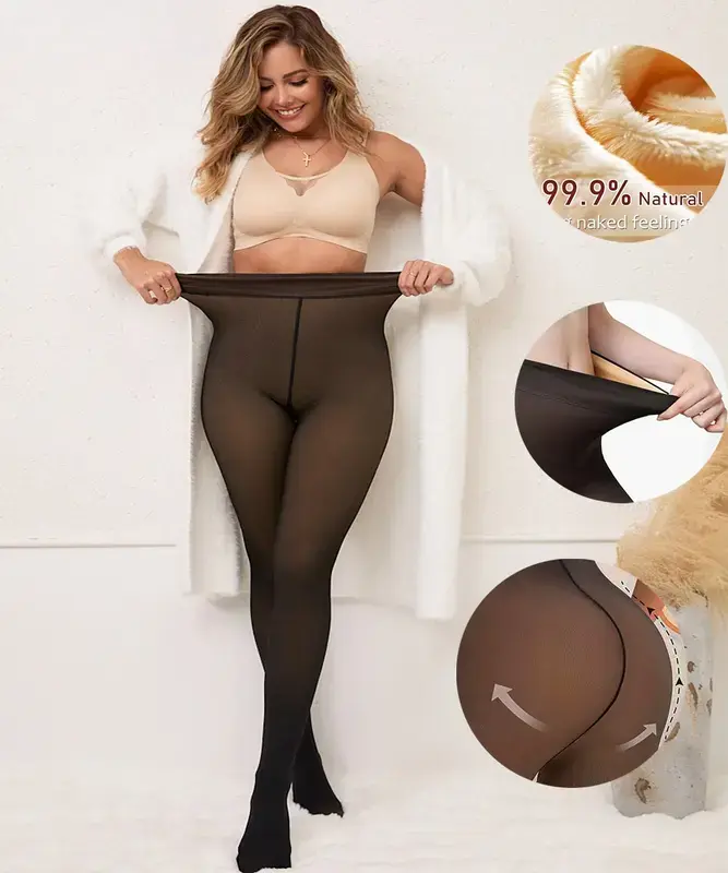 Thermal Fleece Lined Leggings & Tights · 5 Skin Tone Shades · One-Lined Seam Design Front & Back · Size XS-4XL · Closed Foot Pantyhose Style · Thick, Semi-Transparent & Cozy for Winter High Waist Stretchy Workout Leggings Fleece Thermal Leggings