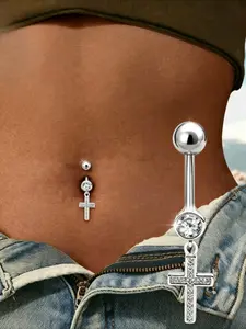 1pc Women'S Cross Belly Button Piercing Stud, Belly Piercing Stud with Sparkling Synthetic Zirconia, Plain Pattern, Sexy and Allergy-Free, Body Jewelry, Unique Cross Design, Perfect for Music Festivals and Beach Parties, Vacation Gift