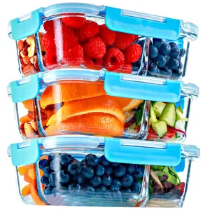 3 Compartment Glass Meal Prep Containers with BLUE Lids (3 Pack, 32 oz) Airtight Kitchen