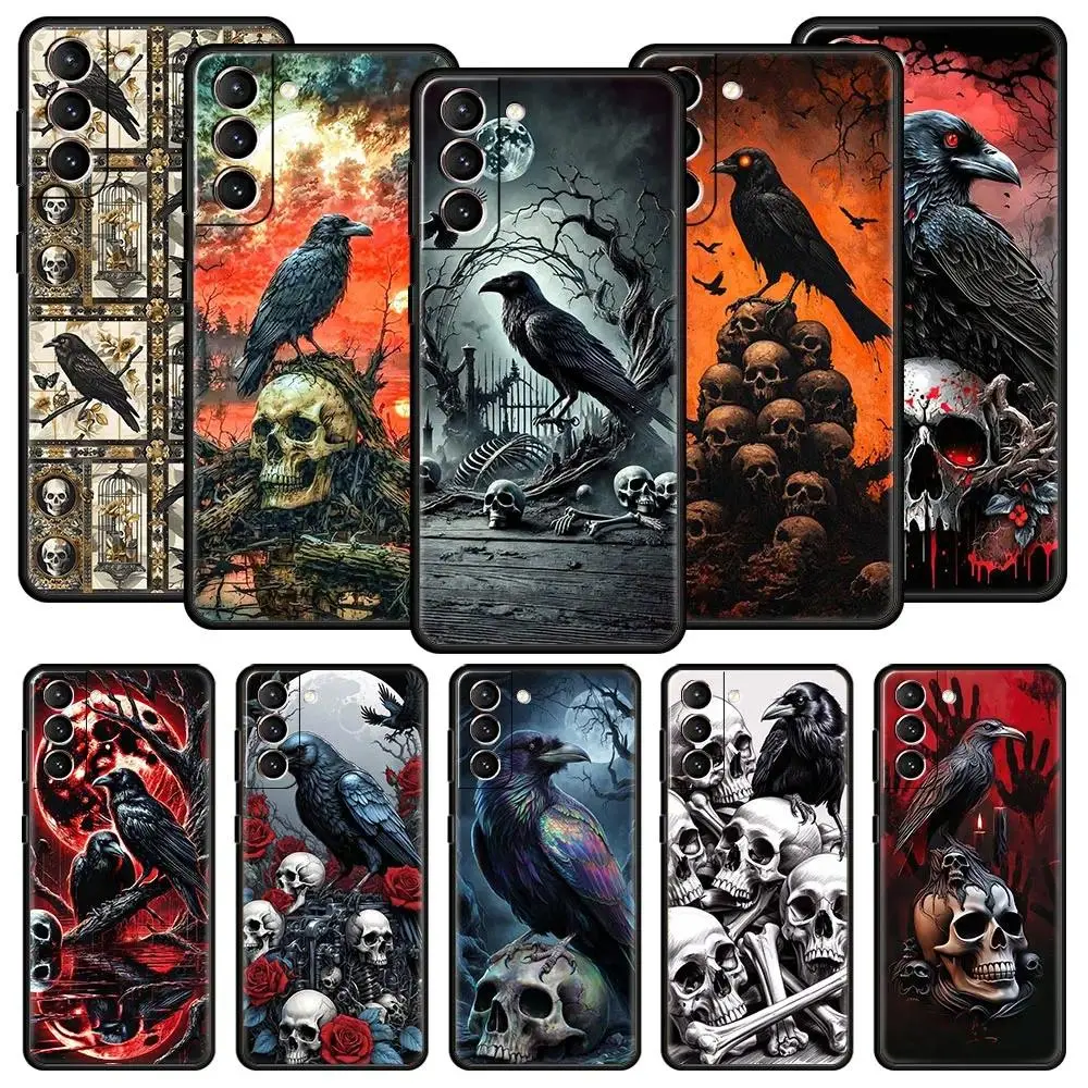Raven Crow Skull Pattern Silicone Customized Smartphone Case - Black Soft Cover, Anti-Scratch Protection Accessory for Samsung Galaxy S26 Ultra, S25 Plus, S24 FE, S23, S22 5G, S21, S20