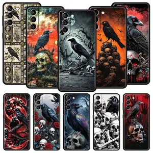 Raven Crow Skull Pattern Phone Case For Samsung Galaxy S26 Ultra S25 Plus S24 FE S23 S22 5G S21 S20 Cover Black Soft