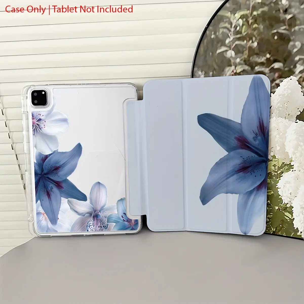 This clear blue lily double-sided case features an adjustable stand and pen slot, and is a foldable, non-slip TPU protective case suitable for  iPad mini, iPad Air, iPad Pro/iPad 10th and 11th generation iPads.