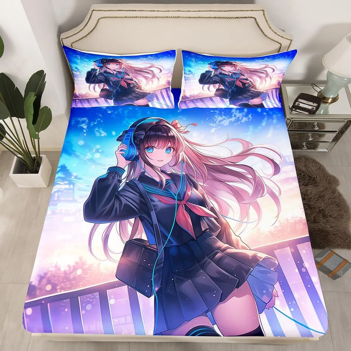 Anime Fitted Sheet,Japanese Anime Bedding Set Bedroom Decor,Cartoon Bed Sheets Kawaii Japanese Animation Bed Set with 1