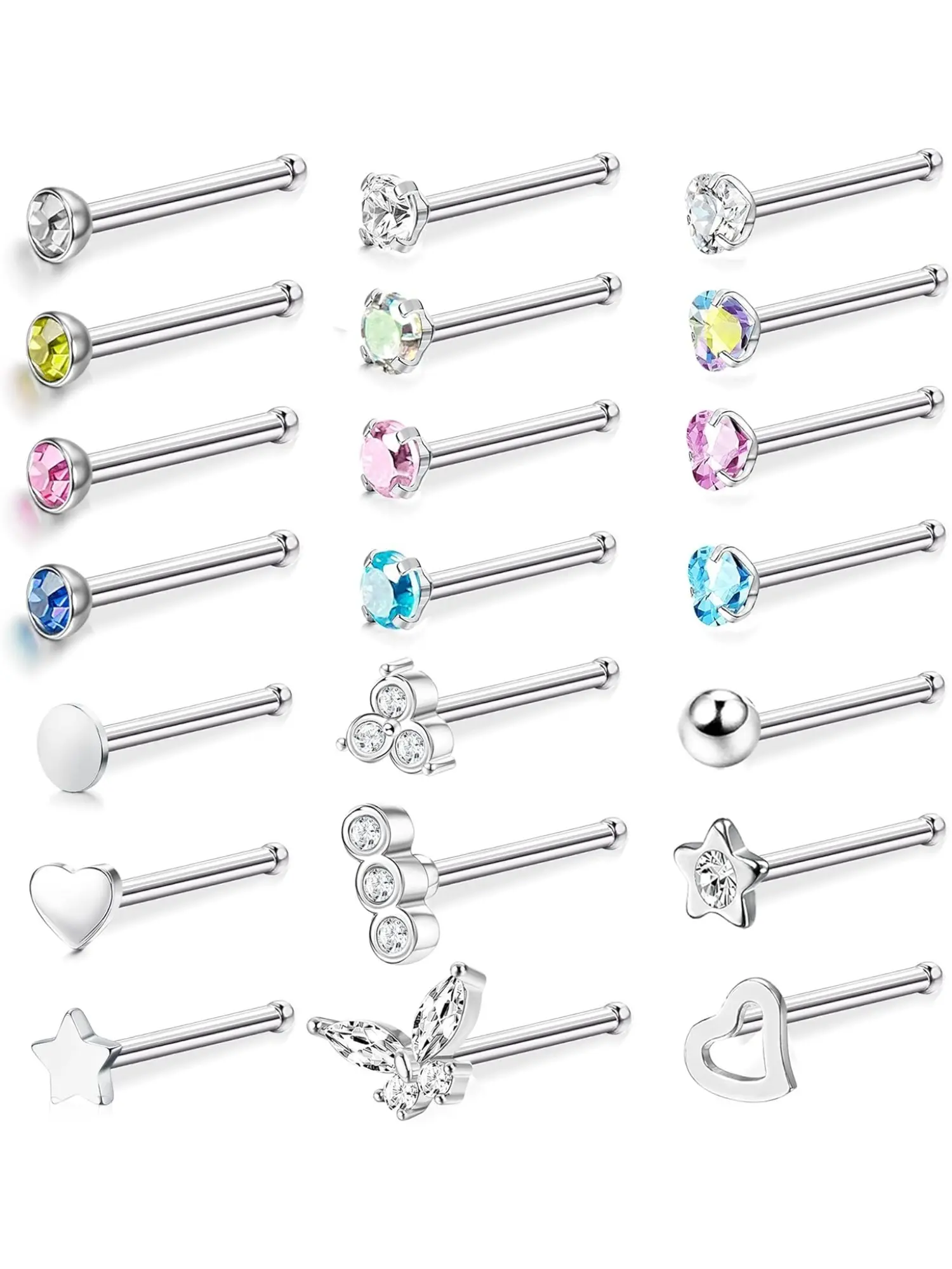 21 Pcs Silvery Vivid CZ Star Heart Ball Butterfly Nose Rings for Women Men Premium Hypoallergenic Surgical Stainless Steel Full Nose Piercing Jewelry Set Straight Nose Piercings Threaded Nose Screw Rings Classic Nostril Studs