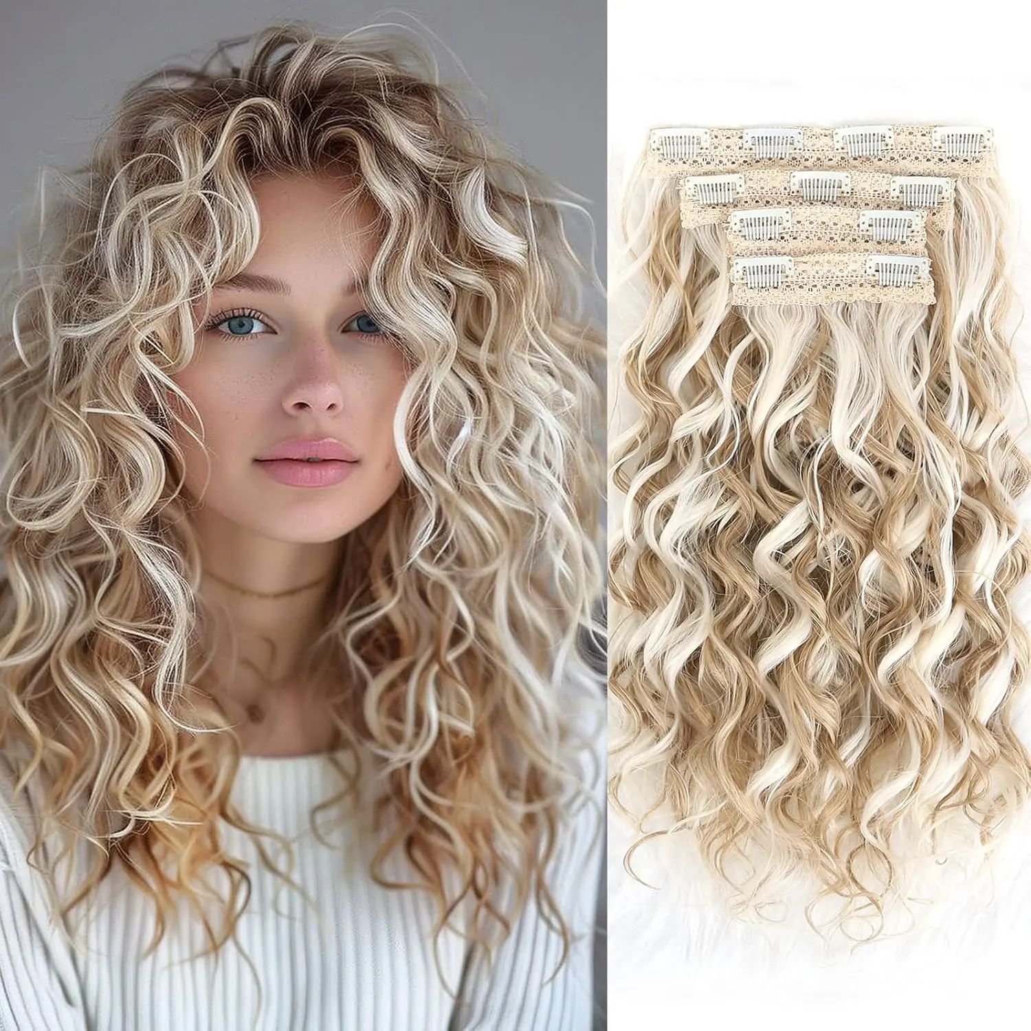Women's Artificial Hair Extension - 4PCS 16in Invisible Clip-in Lace Weft, Fiber Synthetic Curls Soft Wavy Curly Short Natural Gold Blonde with Beige Highlights for Graduation, Casual