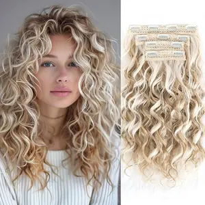 Curly Hair Extensions,4PCS 16 inch Clip in Hair Extensions Short Soft Natural Hairpiece Lace Weft Curly Wave Clip Ins Extensions Invisible for Women,Gold Blonde with beige Highlights
