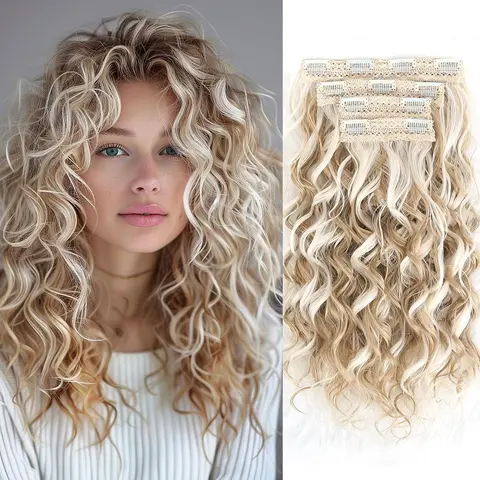 Women's Clip-In Volumizing Synthetic Extensions - 16-in 4-Piece Soft Wavy Set with Invisible Lace Flat-Lay Wefts, Graduation Design, Long-Lasting Curls, Multi-Hair Type Compatibility, Invisible Extension Hairpiece, Blonde Hair Transformation