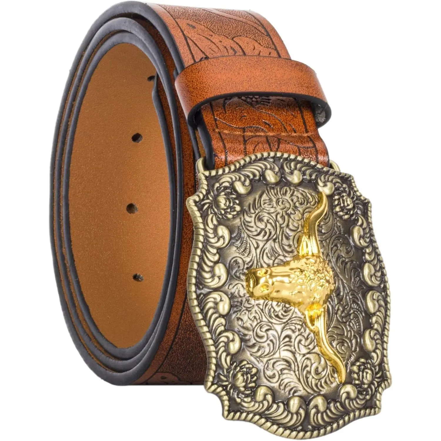 Unisex Western Cowboy Belt, PU Leather with Floral Engraving & Bull Buckle, Western Belt Buckles for Jeans (25"-38" Waist)