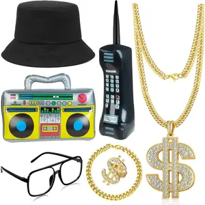 80s 90s Hip Hop Costume Outfit Kit Mobile Phone Inflatable Radio Box Necklace Bracelet Ring Gles Hat Rapper Costumes Accessories Set
