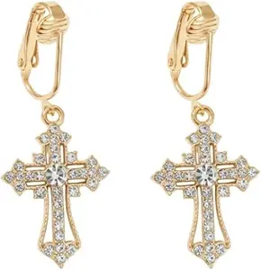 Gold Crystal Cross Clip On Dangling Earrings