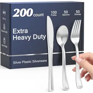 200 Count Heavy Duty  Plastic Silverware, 100 Forks, 50 Spoons, 50 , , Heat Resistant, Disposable Plastic Utensils Set Cutlery Set, Plasticware Bulk