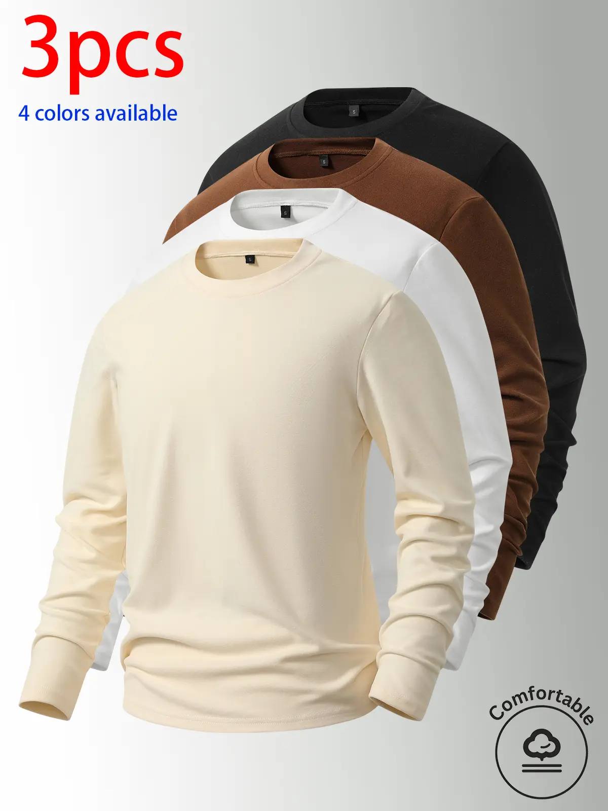 3-pack: men’s long-sleeve shirts, men’s German fleece crewneck long-sleeve T-shirts.Loose, stretchy, versatile base layer top; simple solid color for all seasons; suitable for wearing alone or layered in autumn/winter; ideal for everyday casual wear, stud