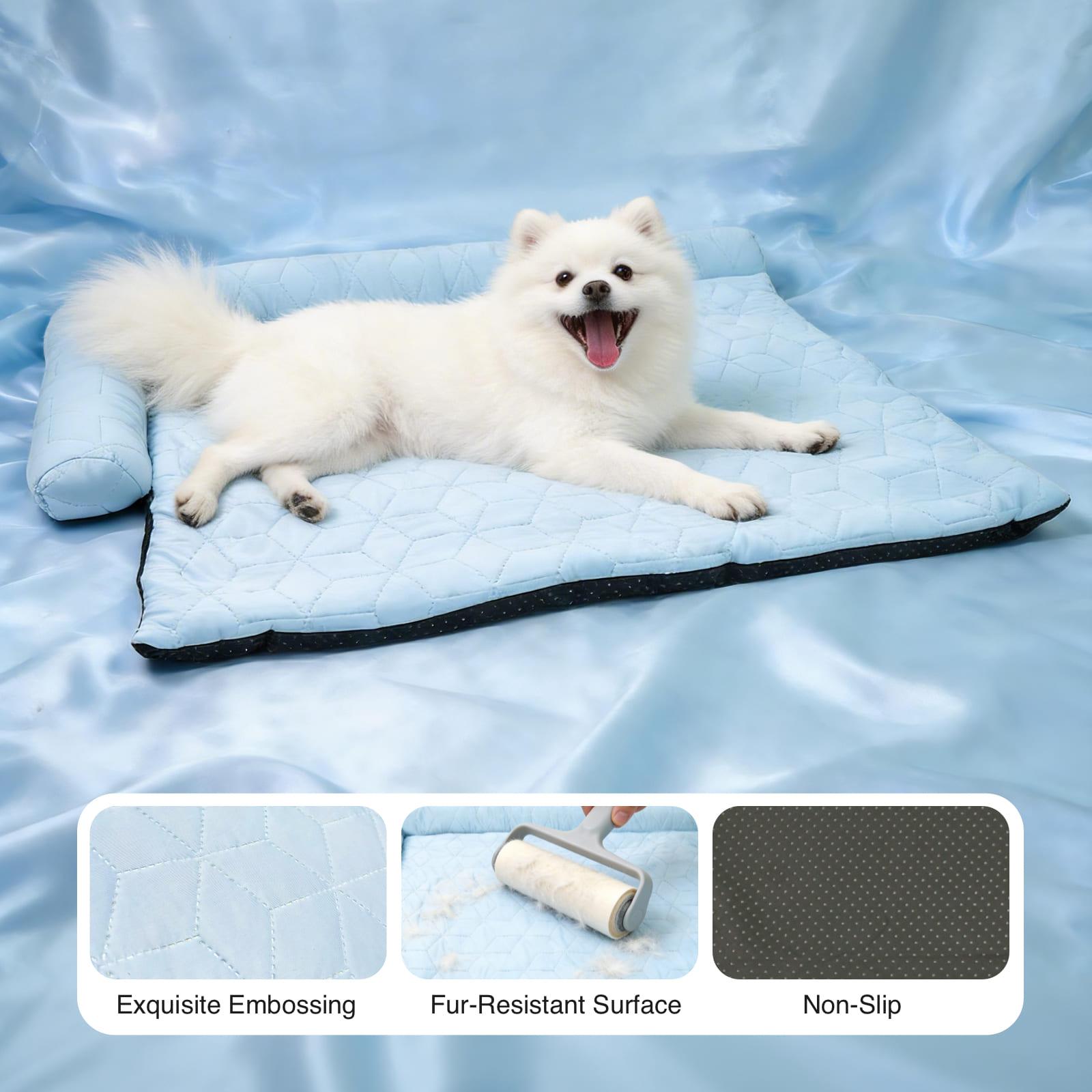 Elevated Large Cooling Dog Bed with Neck Support Headrest - Instant Cooling Silk Fabric, Washable Anti-Slip Mat, Portable Built-In Pillow for Small to Large Dogs & Cats Up to 40lbs (Summer Use)